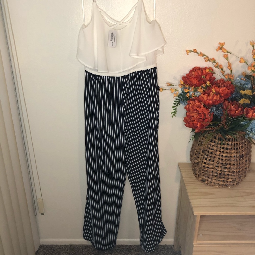 White ruffle top jumpsuit